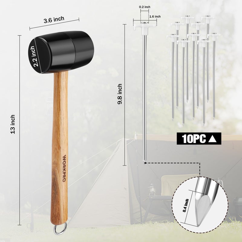 ووركبرو مجموعة أوتاد ومطرقة الخيمة من ووركبرو، مطرقة مطرقة مطاطية 16oz، مقبض خشبي، 10 قطع من أوتاد خيمة معدنية شديدة التحمل وحقيبة تخزين، أعمال خشبية ذاتية الصنع، ملحقات تخييم للأرض والمخيم والحديقة - Image 2